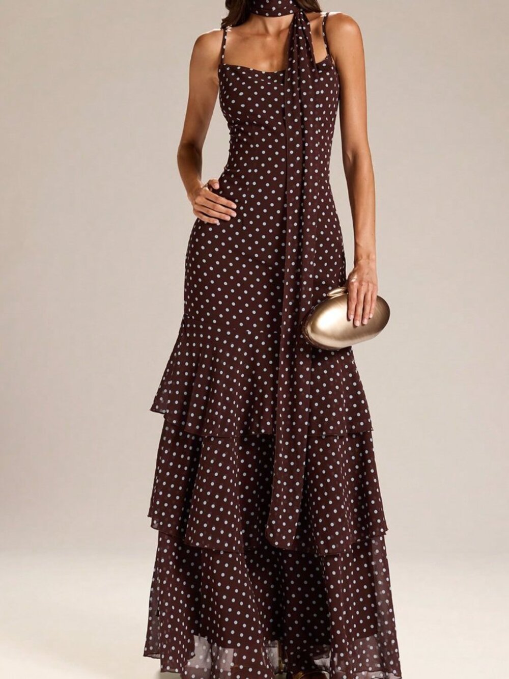Brown Chic Women's Polka Dot Maxi Dress with Spaghetti Straps, Fishtail Gown